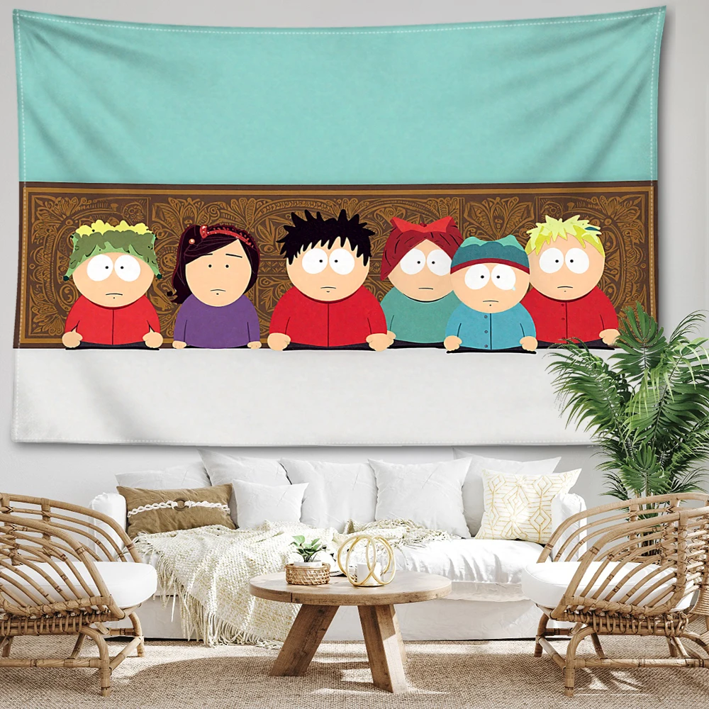 Cartoon Characters Aligned Blue Brown Printed Tapestry Wall Hanging Bohemian Style Bedroom Home Decor