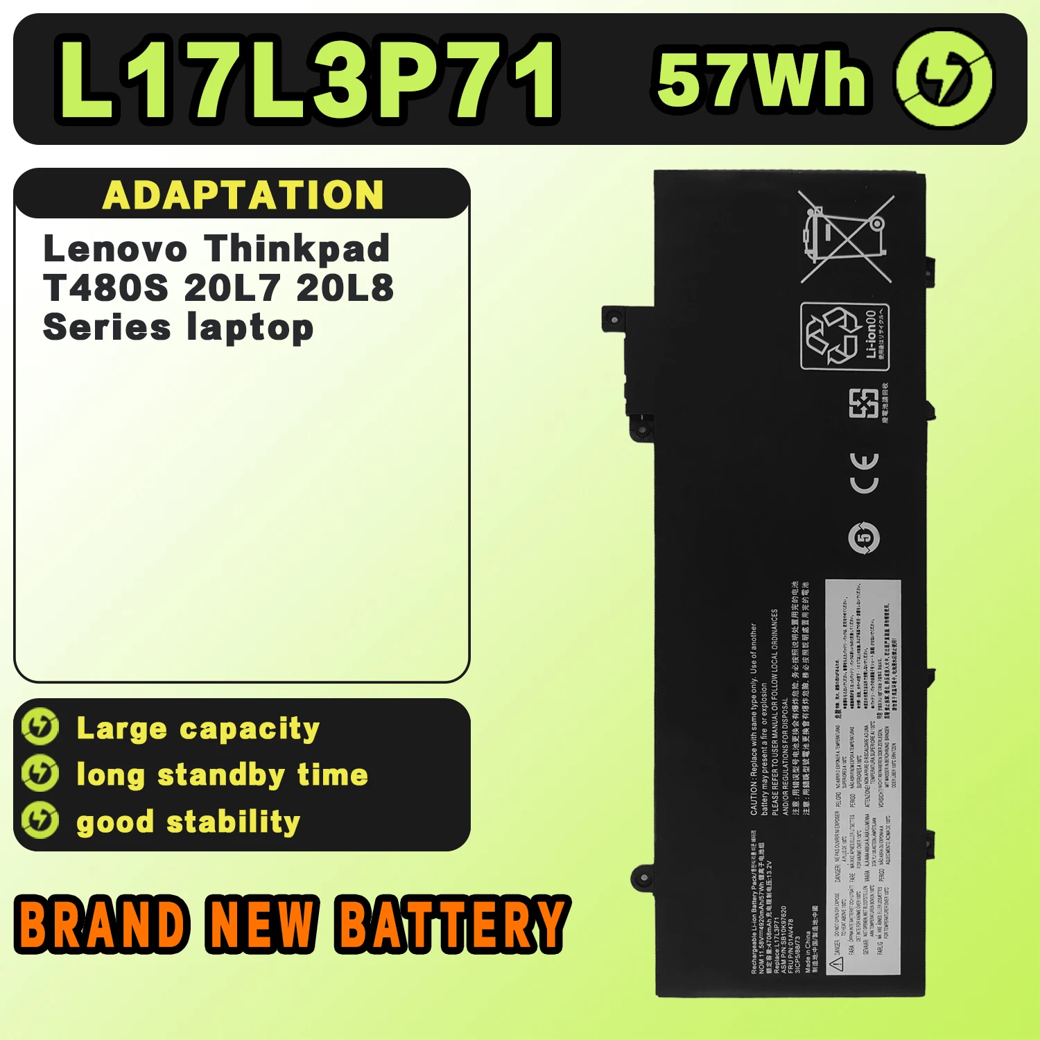 SAT 01AV478 New Laptop Batteries Replacement For LENOVO ThinkPad T480S SB10K97620 01AV480 01AV480 L17L3P71 11.58V-57Wh-4920mAh