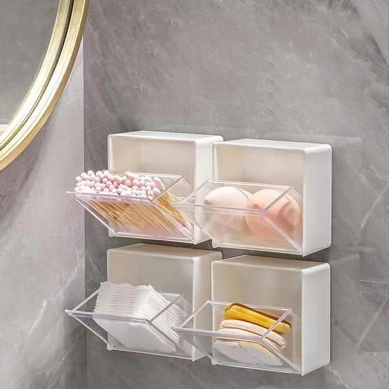 Wall Mounted Clamshell Design Plastic Storage Box Cotton Swab Storage Holder Kitchen Organizer Bathroom Accessories