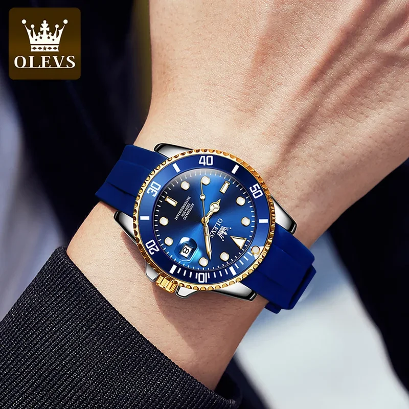 Olevs 6650 automatic mechanical watch men rubber watchband luxury waterproof luminous date men\'s wristwatches Business Watch