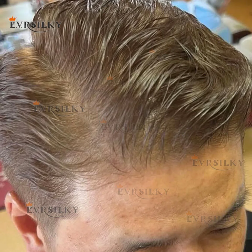 

0,02 мм Ультратонкая кожа Натуральная линия волос 80% Невидимый серый 1B40 # 550 Мужской парик Светло-пепельно-русый 100% человеческие волосы Капиллярный протез