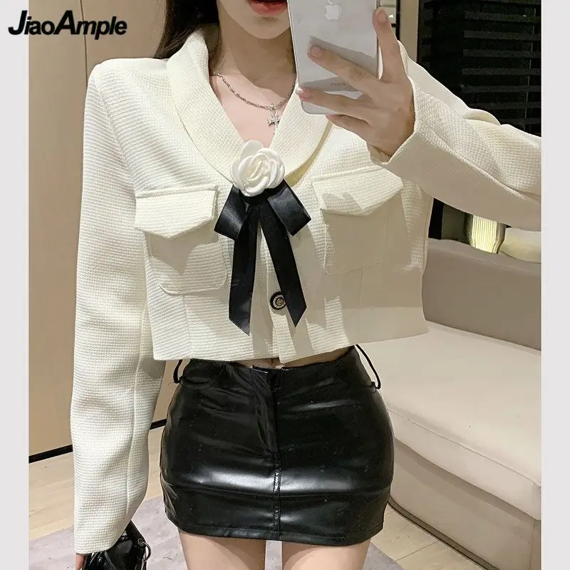 

Women Spring Autumn Graceful Floral White Short Blazer Coats 2024 Korean Lady Jackets Fashion Pure Color Crop Tops New Clothing