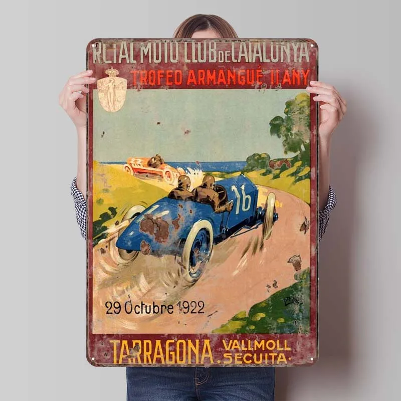 Cartel de Metal oxidado Vintage de Tarragona de carreras de coches, arte de pared de Metal, Mural Retro, placa de hojalata, decoración de arte de pared de garaje