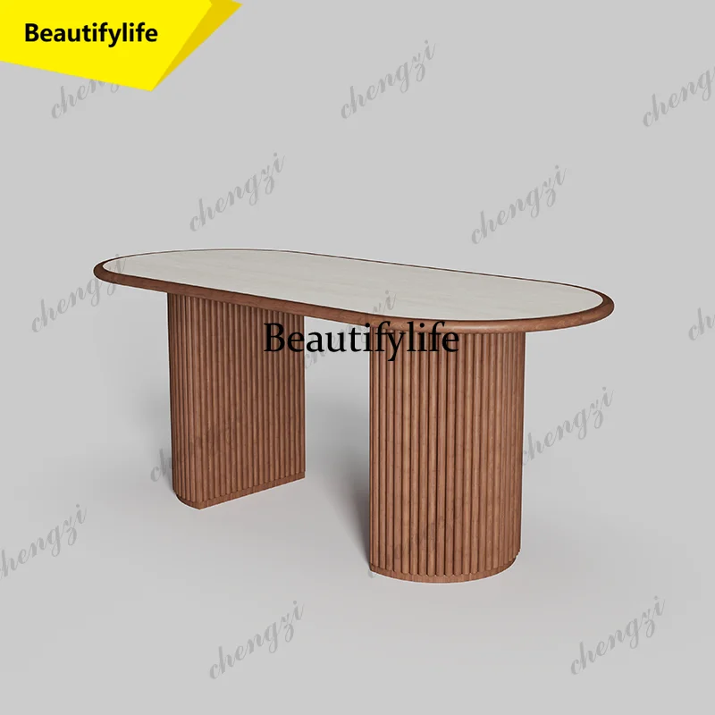 

A17 Travertine embedded rock slab solid wood dining table household small apartment oval high-end ash wood wabi sabi dining tabl