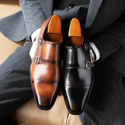 Luxury Formal Shoes Men Genuine Leather Double Monk Strap Black Brown Men Dress Shoes High Quality Italian Wedding Oxford Shoes