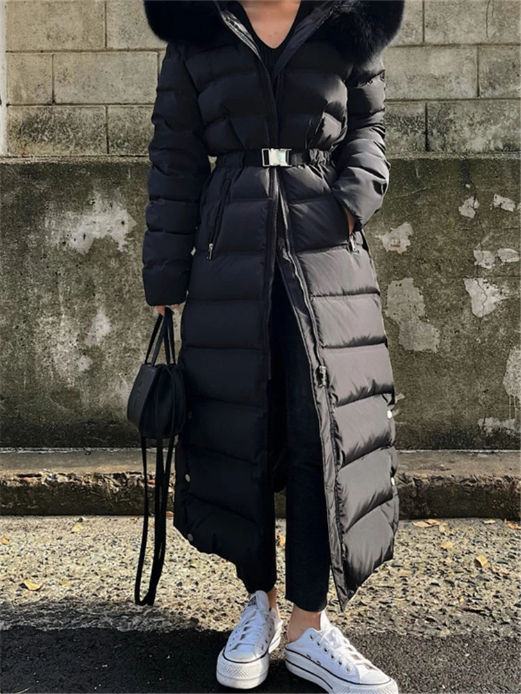 

Корейский стиль: Длинное женское пуховое пальто с утяжкой на талии, утепленное белым утиным пухом, приталенное, выше колена, зимняя верхняя одежда