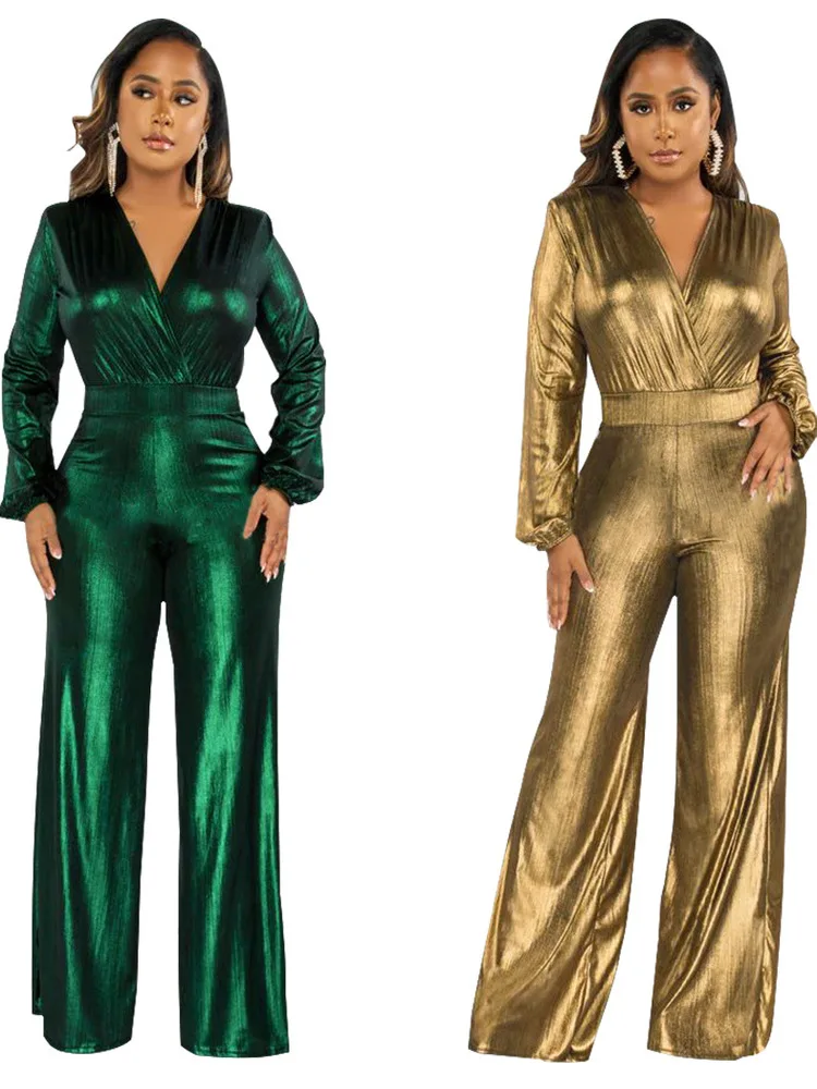 

Сексуальный однотонный комбинезон с V-образным вырезом, длинными рукавами-фонариками и золотой отделкой, подчеркивающий талию, для женщин, для повседневной носки, с высокой талией