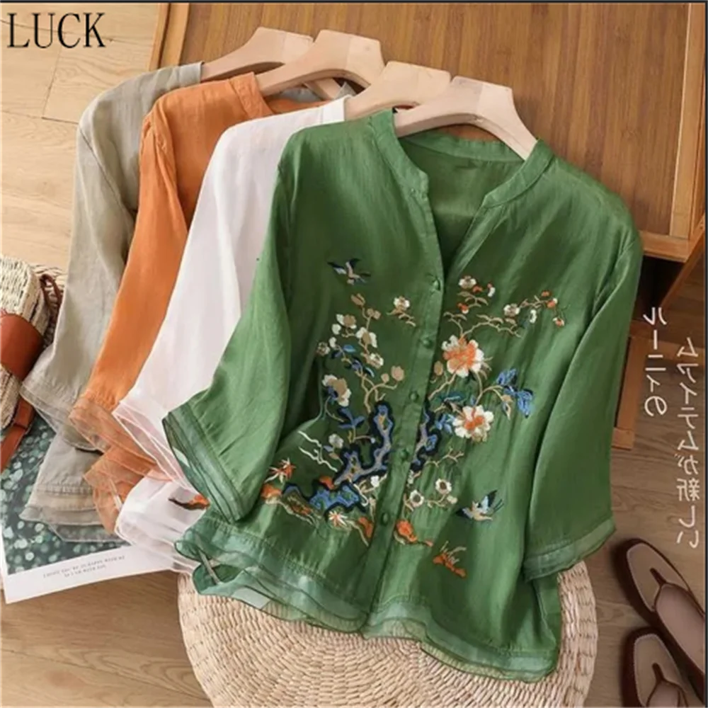 High-grade Cotton and Linen Jacket Women's Summer  Embroidered Cardigan Shirt new Chinese National Style Stitching Button Shirt