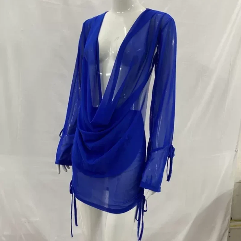 عميق الخامس خط العنق المنخفض مثير شبكة انظر من خلال عارية الذراعين كم طويل الرباط الصيف الصلبة Bodycon عناق الورك تنورة المرأة قطعتين مجموعة