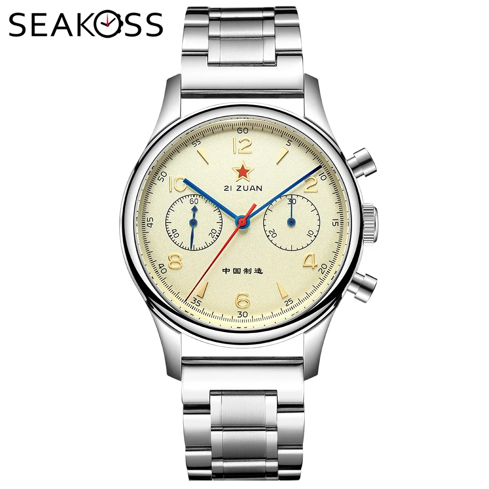 

Мужские часы с хронографом SEAKOSS, 40 мм, 1963, оригинальный механизм ST1901, винтажные механические наручные часы-пилот из нержавеющей стали с воротником «гусиная шея»