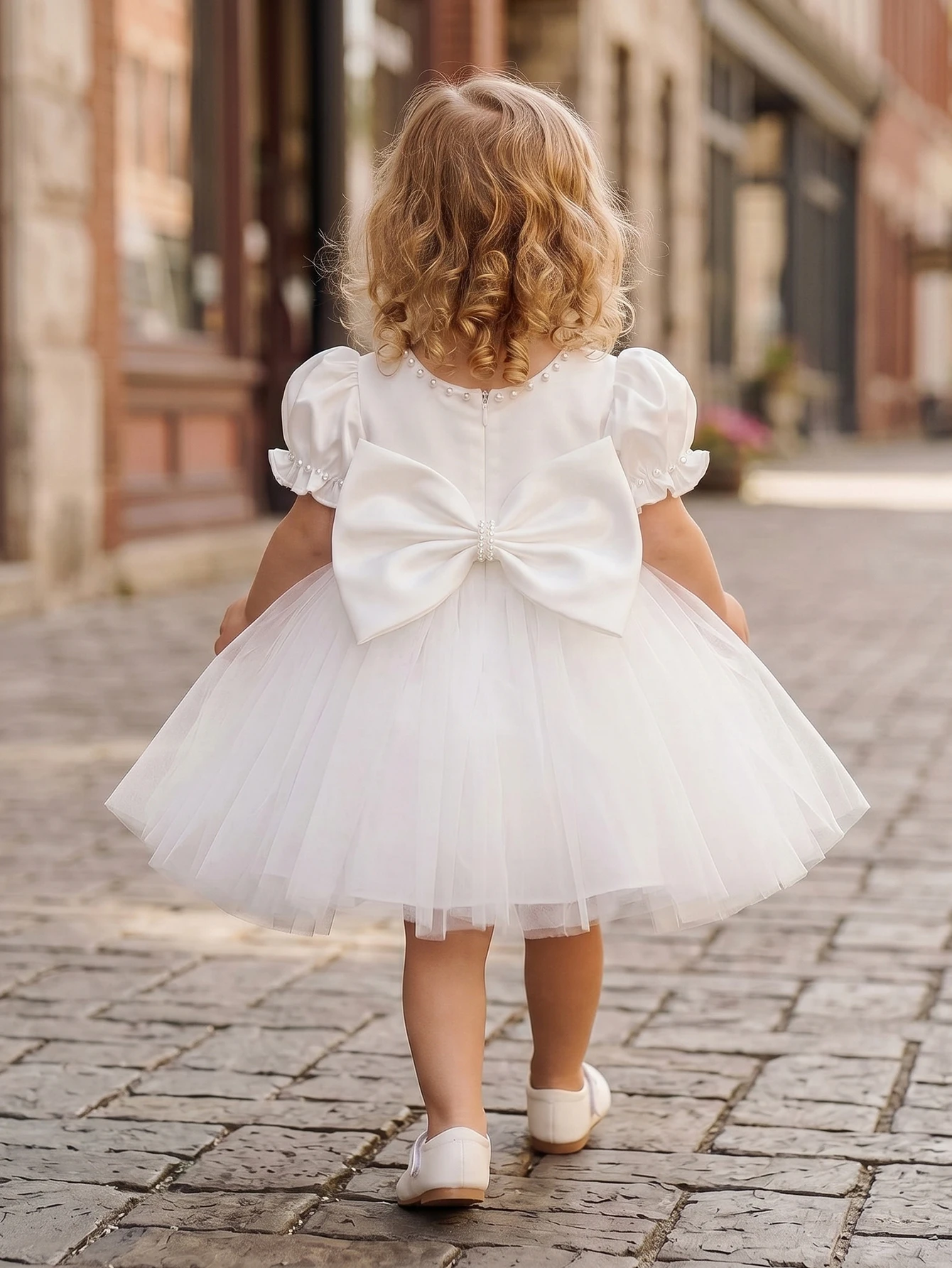 Baby Girls White Short Sleeve Pearl Bow Tulle Dress With Puffy Sleeves Elegant Christening Baptism Event Celebrat