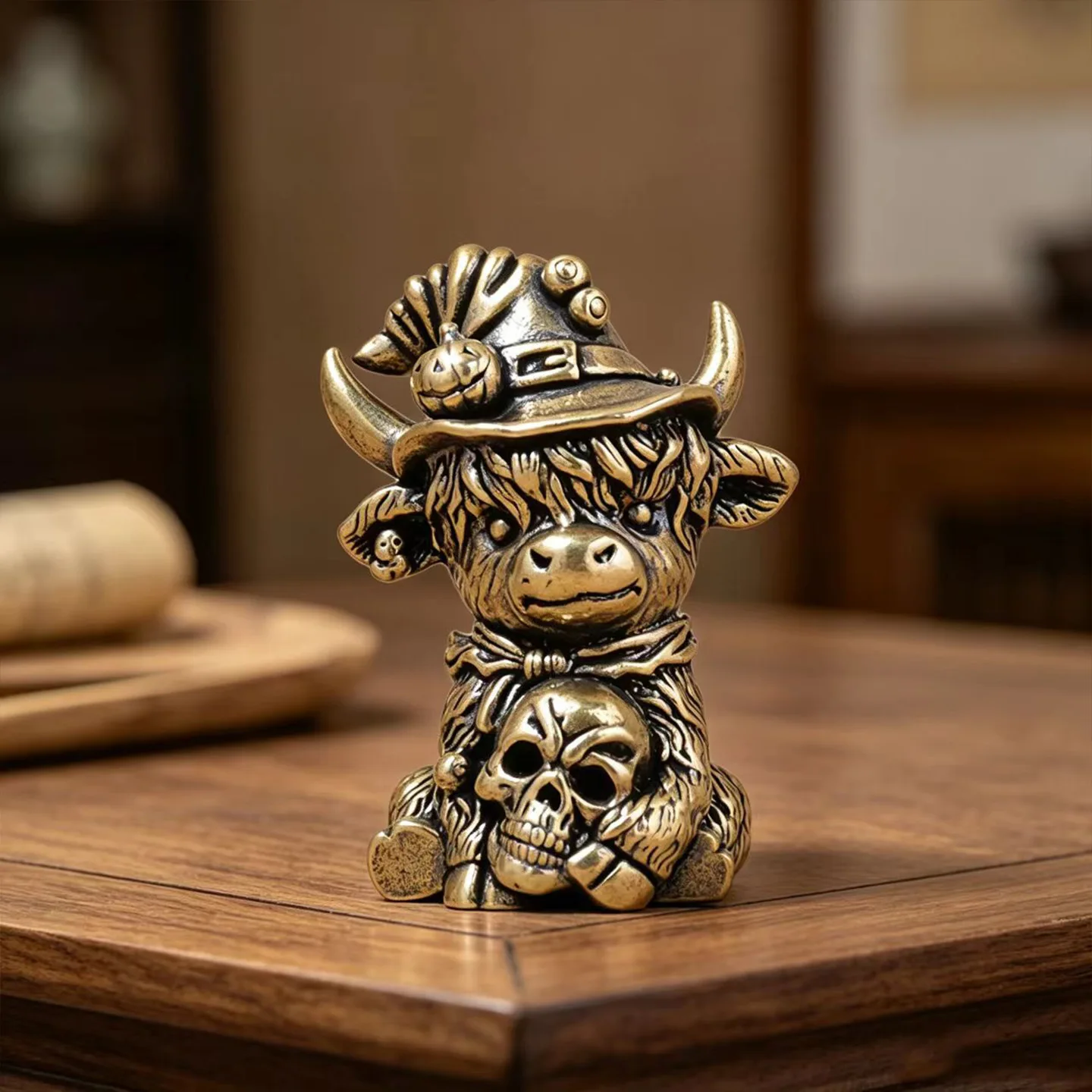 Messingfigur Totenkopf Schottische Kuh Ornament Cartoon Niedliches Ornament Kreatives Handwerk Halloween-Dekoration