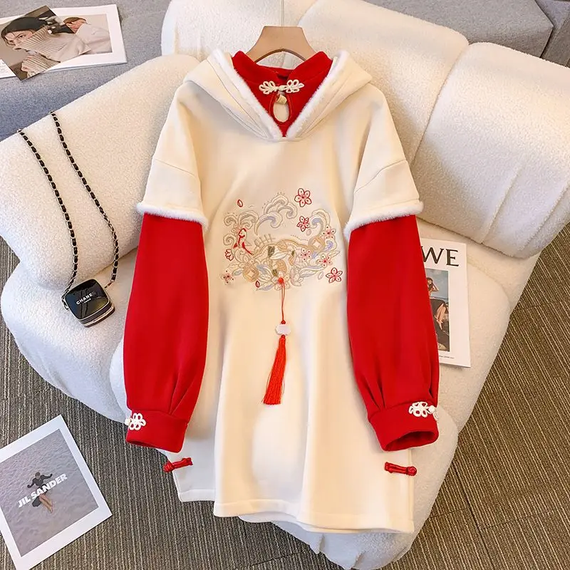 Original Plush And Thick Hooded Embroidery Dresses For Women Modern Chinese New Year Winter Mid Length Long Sleeve Sweatershirt