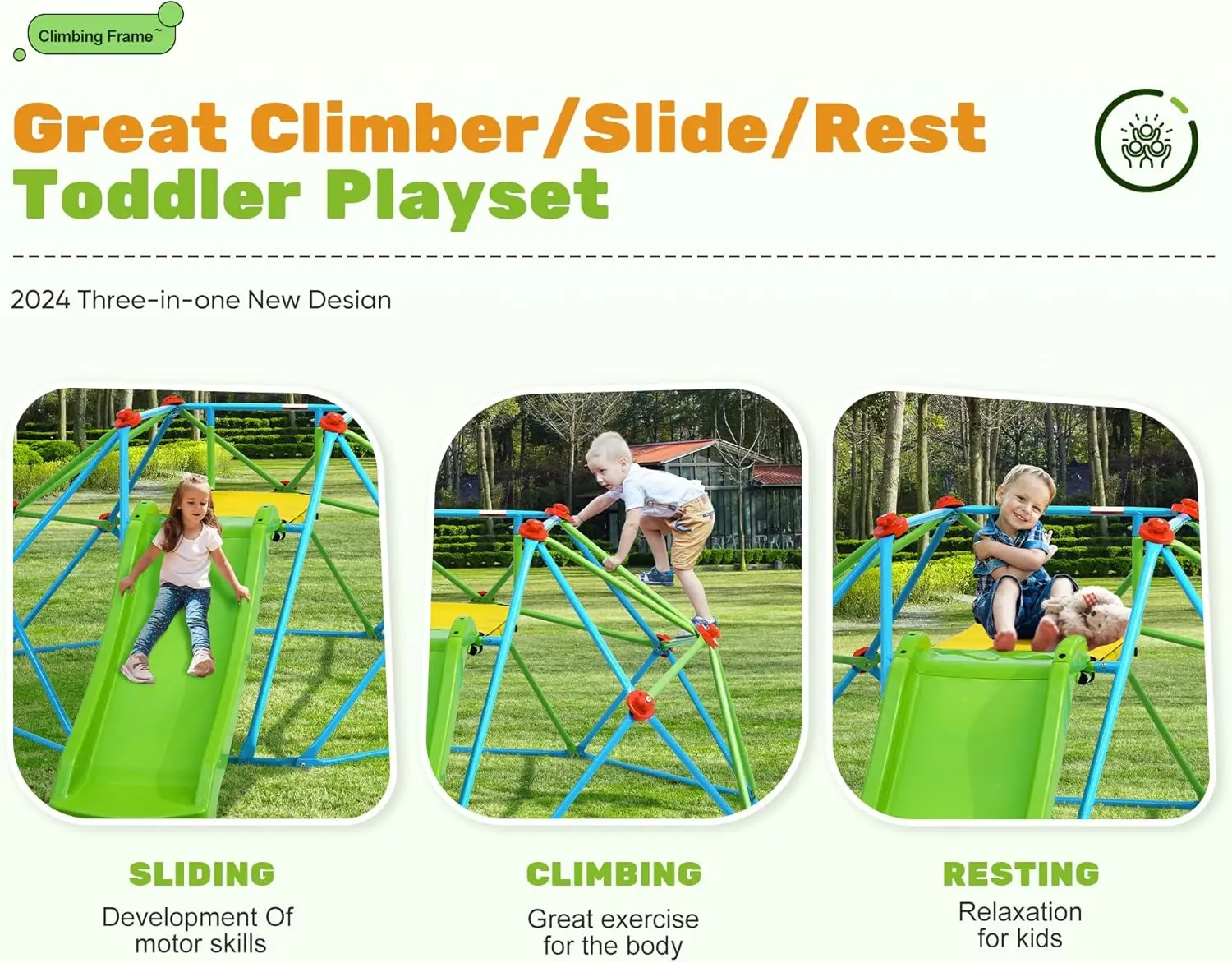 Dôme d'escalade avec toboggan, barre de singe de gymnastique dans la jungle de 8 pieds pour l'arrière-cour, charge maximale de 440 lb, cadre d'escalade en plein air, jouets pour tout-petits, jeu