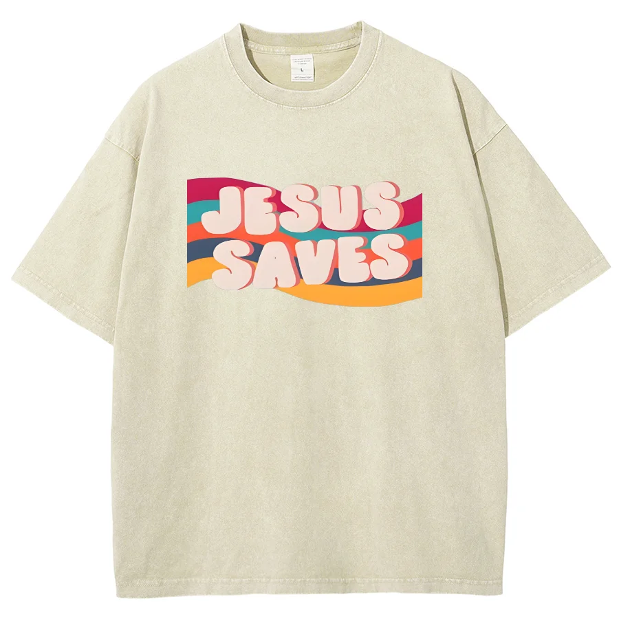 Jesus Saves Y2K 워싱 반팔 티셔츠, 크리에이티브 편안한 유니섹스 빈티지 스트리트웨어, 플러스 사이즈 캐주얼 상의, 새로운 패션