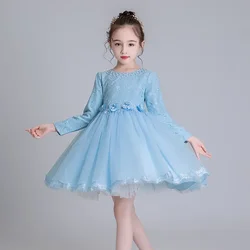 Girl Christening Evening Princess Dresses Women Elegant Party from 5 8 to 9 12 Years Old Kids Winter Long Sleeve Lace Blue Dress
