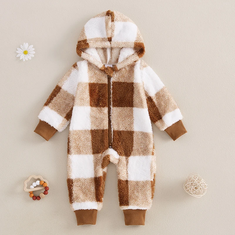 

Baby Boy Girl Winter Clothes Checkered Hooded Jumpsuit Plush Fleece Zip-up Coat Newborn Infant Winter Suit