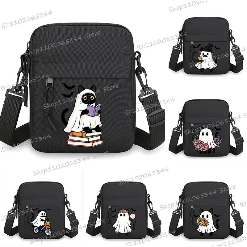 

Детская сумка на плечо на молнии с изображением кота на Хэллоуин, винтажная забавная сумка для мобильного телефона с животными, женская и мужская легкая сумка через плечо, подарки