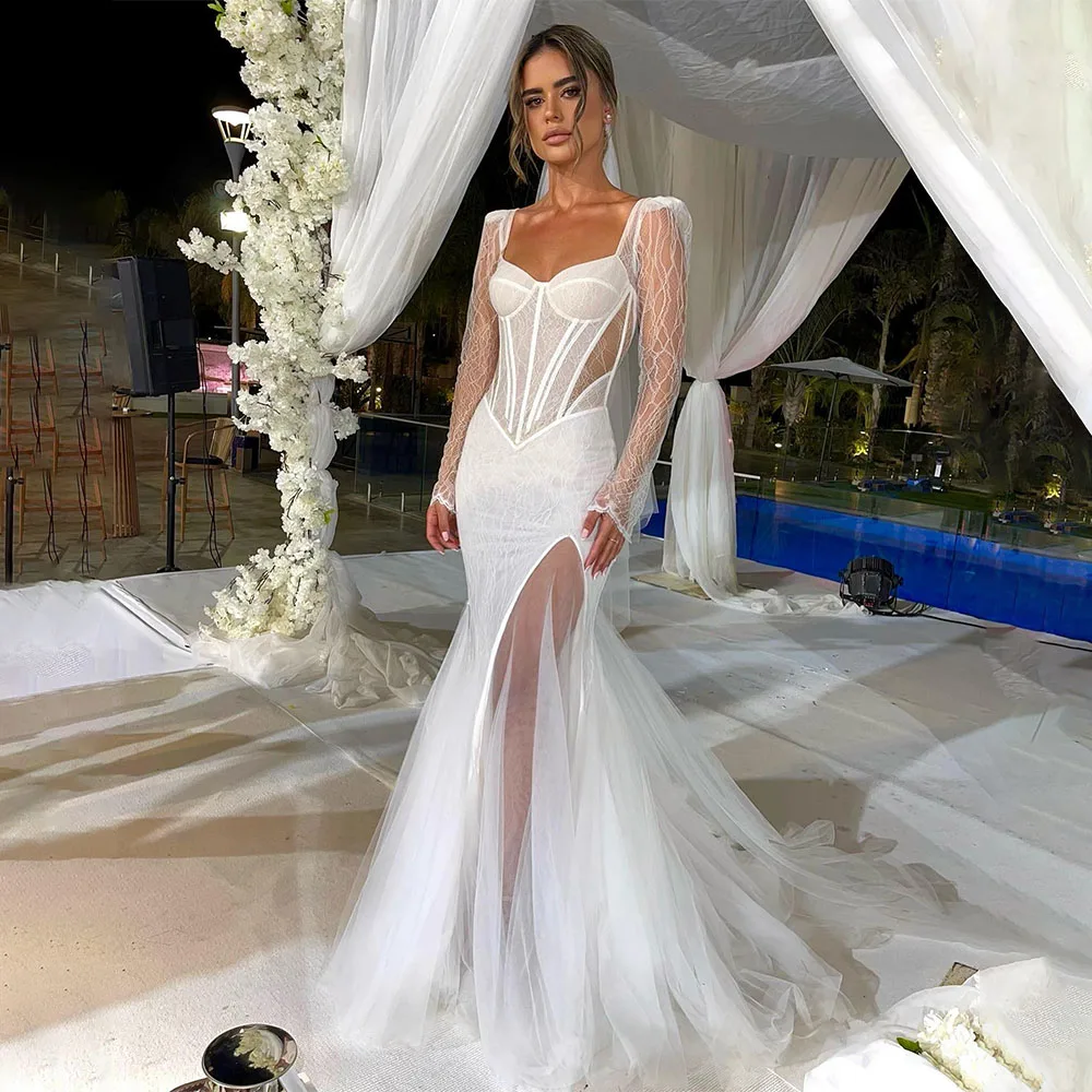 Vestido de novia de encaje para mujer, manga larga, corte sirena, vestidos de novia de verano para mujer, marfil, abertura hasta el muslo, vestidos Brial de trompeta, 2023