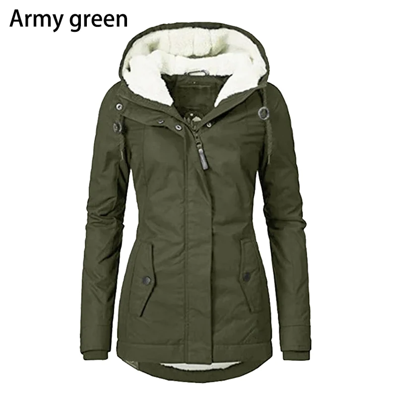 Women\'s Autumn Winter Coat Warm Solid Plush Thickened Long Jacket Outdoor Hiking Hooded Casual Windproof Parka Coat Overcoat