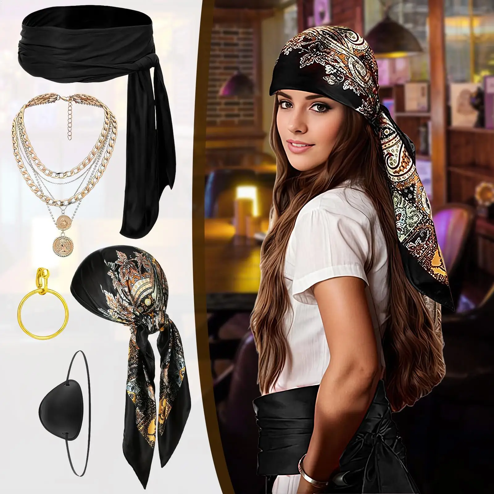 

Pirate Costume Accessories Halloween Party Dress Up 5 Piece Set Head Scarf Necklace Belt Eye patch Earrings Dress Up Accessories