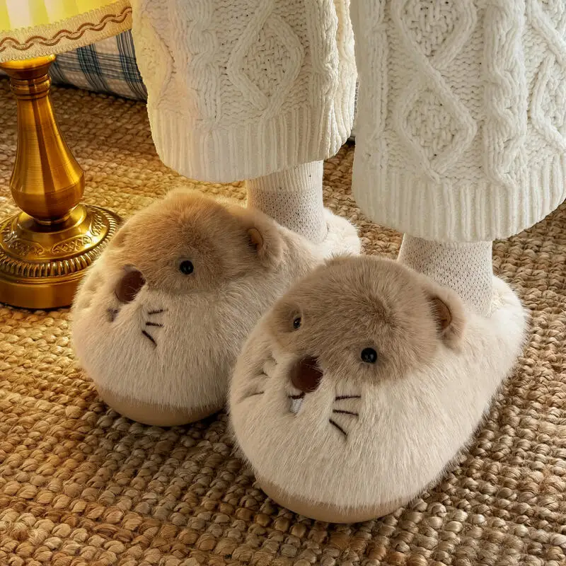 Cute Cartoon Mouse Fluffy Fur Indoor Slippers Women Winter 2026 Soft Thick Bottom Furry Home Slippers Women Lovely House Shoes