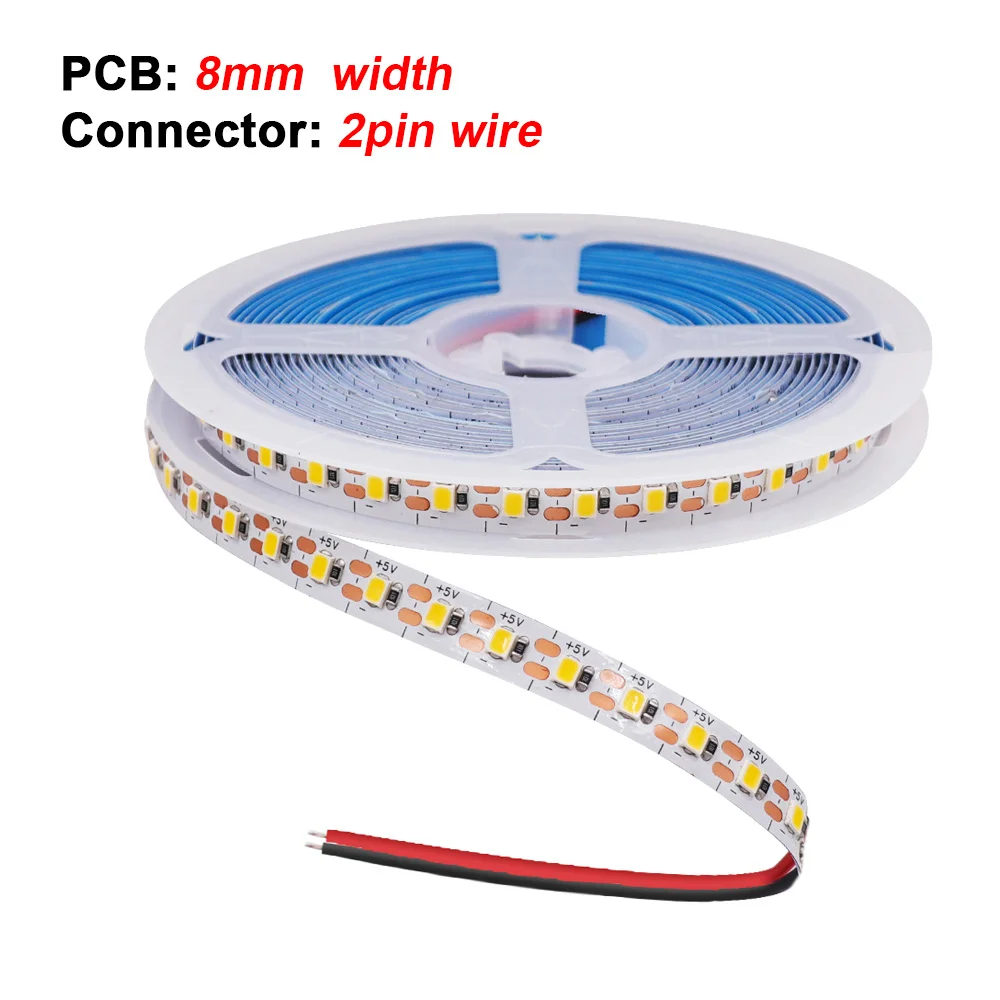 5V 2835 LED-Streifenlicht, ultradünn, 3 mm, 5 mm PCB, 1 LED-Schnitt, 2835, 120 LEDs/m, 8 mm, flexibles Klebeband, IP21, nicht wasserdicht, warm, natürliches Weiß