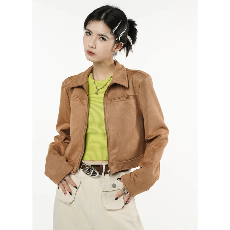 Vintage Brown Jacket Women Short Outwear American Fashion Streetwear Lazy Wind Leisure Winter Thickening Warm Cardigan Coat