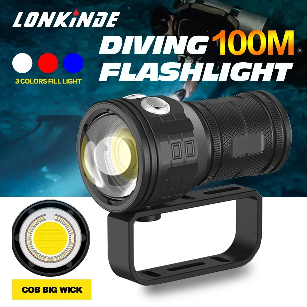 IPX8 Scuba Diving Flashlight Underwater 80m Powerful 10000Lumen Diving Flashlight Photography COB dive Torch Lamp dive light