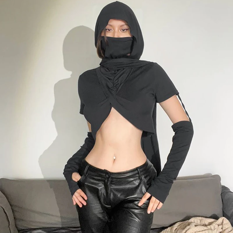 Sand dune wasteland style, unique cross necked, age reducing long sleeved vest, high waisted, navel exposed short hooded T-shirt