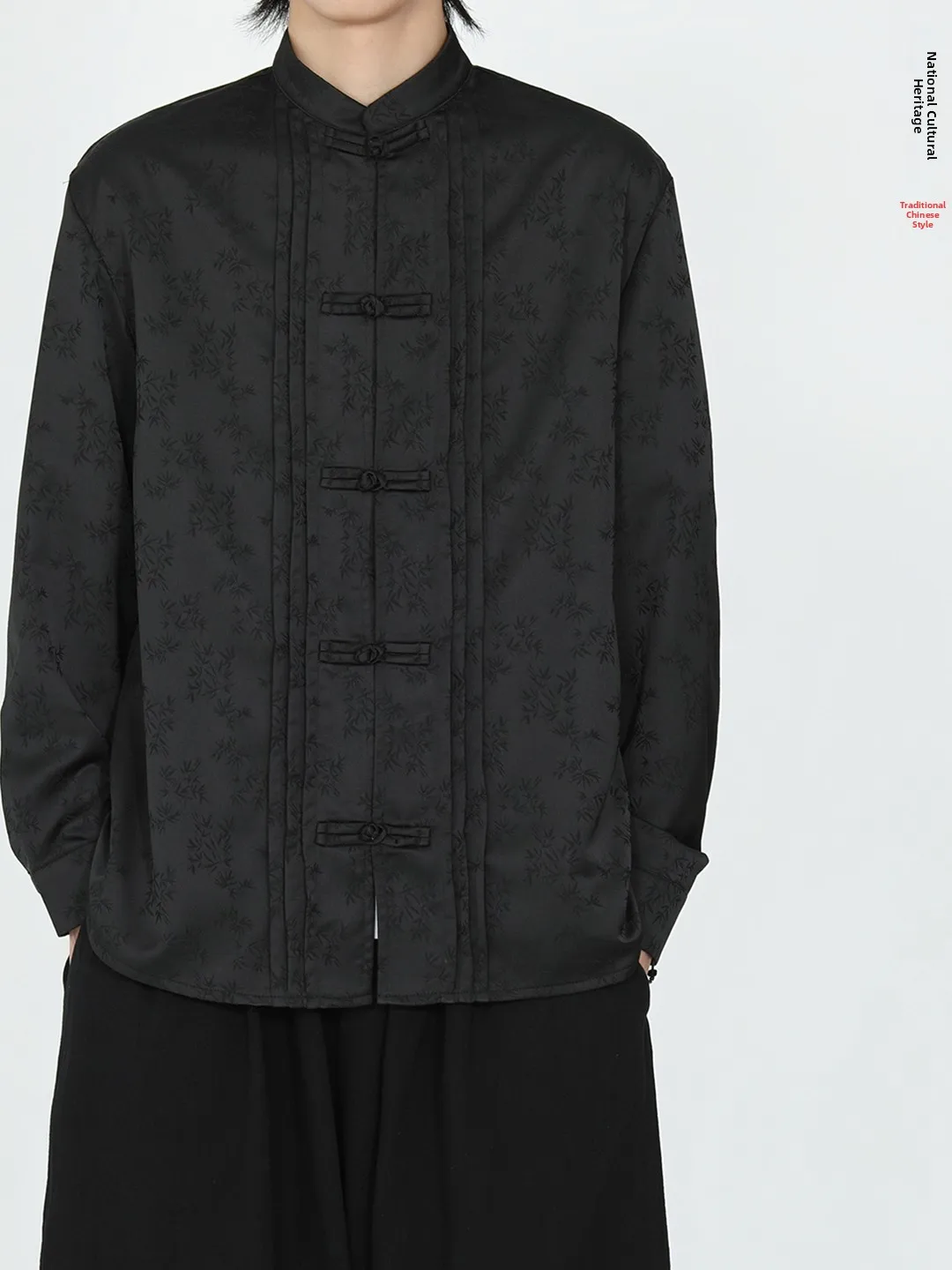 

New Chinese Sle Men's irt with Button Design Spring Autumn High-End Sensation Layered Sle Casual Long Sve Top