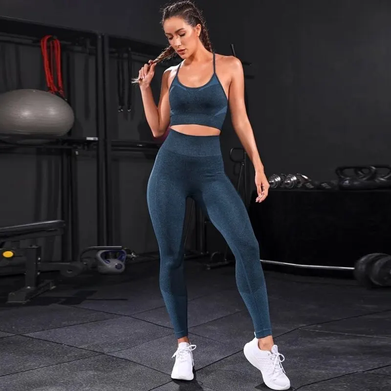 2 Pieces Women\'s Tracksuit Seamless Yoga Set Workout Sportswear Gym Clothing High Waist Leggings Fitness Sports Suits