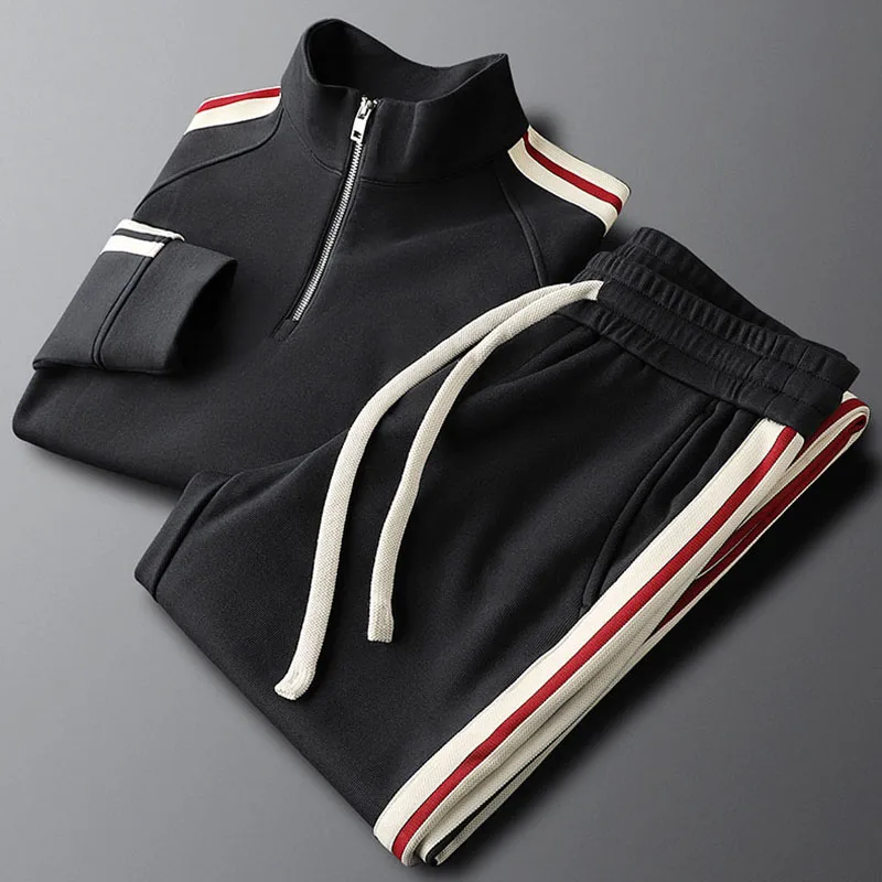 Light luxury side stripe casual sports hoodie set men's autumn and winter knit men's sweatpants two-piece set fashion