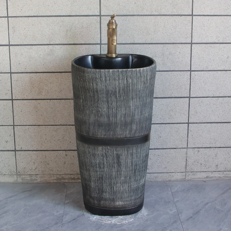 Vertical Column Type Washbasin Outdoor Balcony Wash Basin One-Piece Hotel Pool Retro Integrated Floor Type Pedestal Basin