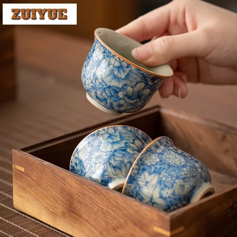 70ml Ceramic Teacup Zen Retro Lapis Lazuli Master Cup Tea Set Ceremony Accessories Blue and White Ru Kiln Ice Crackle Tea Bowl