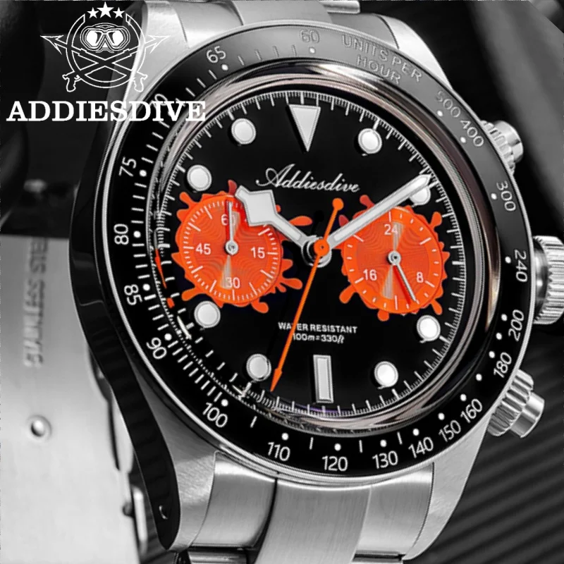 

ADDIESDIVE Luxury Men Chronograph Watch 40mm 10Bar Diver VK64 316L Stainless Steel “Paint Bucket” BGW9 Luminous Quartz Watches