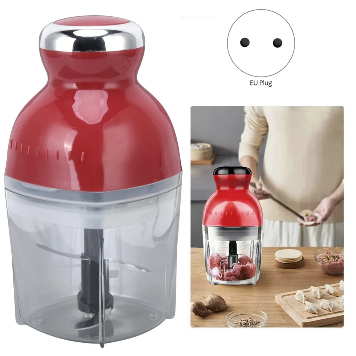 Meat Chopper, Meat Processor Ergonomic Design ABS Stainless Steel 500Ml Capacity for Kitchen for Household EU Plug Red