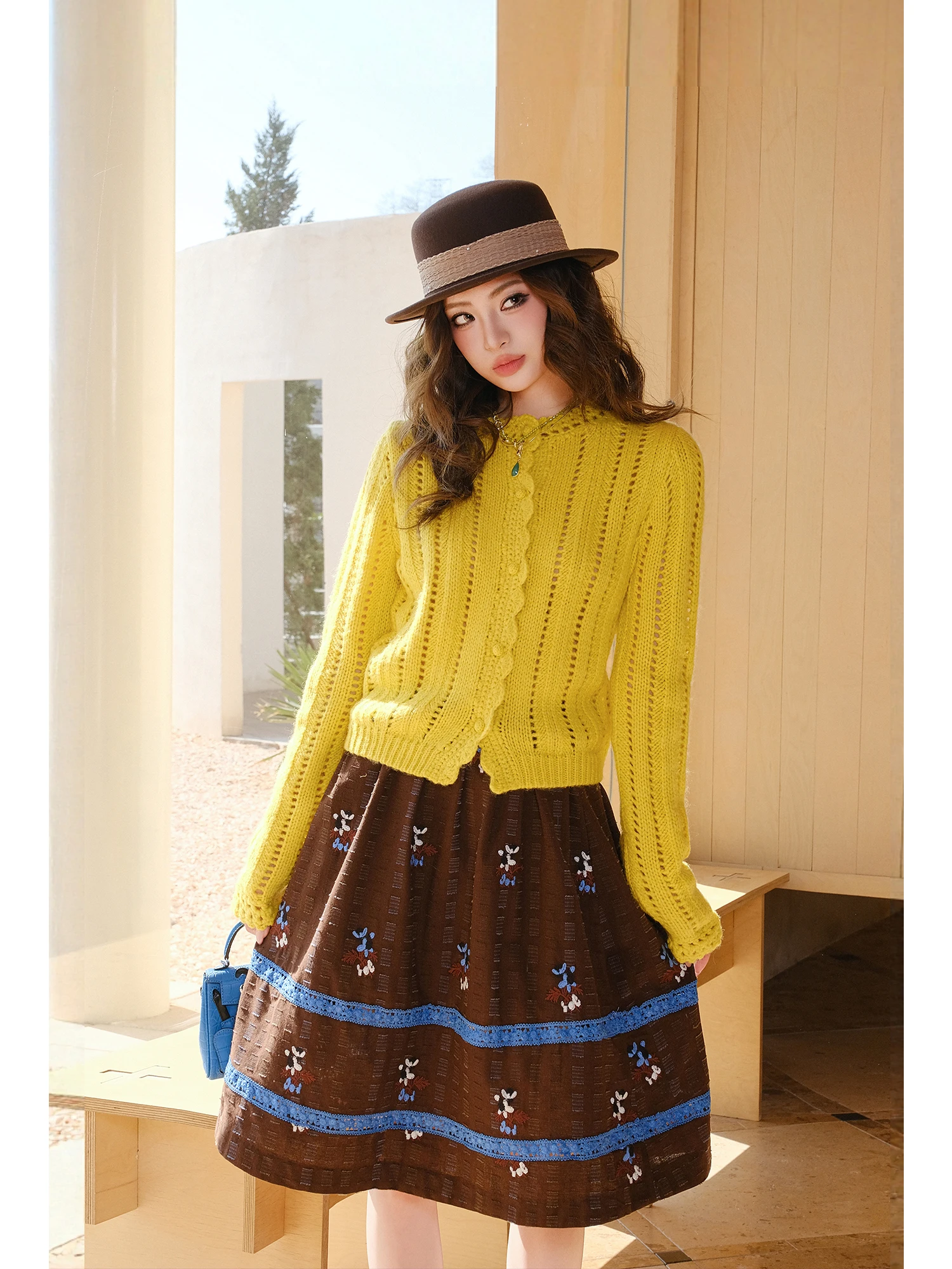 

MIUCO Rustic Brown Coffee Embroidered Lace High Waist A-Line Skirt Vintage Sle f-length Skirts for Women Commute OL