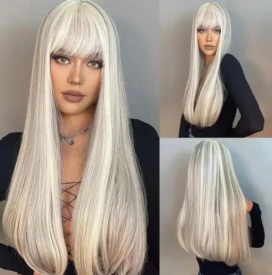 

White Platinum Blonde Long Straight Synthetic Hair Wigs with Bangs for Women Daily Cosplay Heat Resistant Natural Hair Wig