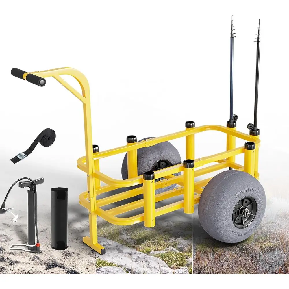 

Beach Utility Cart with 13 Wheels, 300 lbs Capacity, 8 Fishing Rod Holders, Mesh Bag, Hand Pump