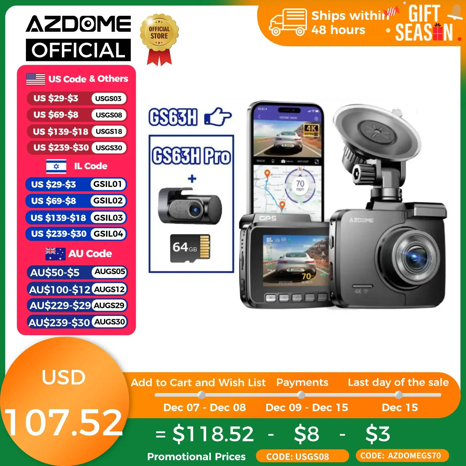 AZDOME Dash Cam GS63H 4K Car Camera Built-In GPS Wi-Fi Car DVR Upgrade Dashcam G-Sensor Motion Detection 후방카메라 داش كام