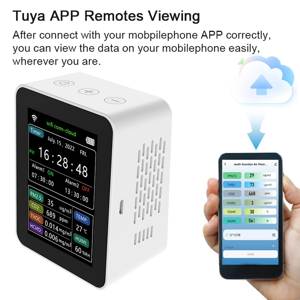 Tuya Air Quality Monitor Detector WiFi Smart PM2.5 CO2 TVOC HCHO Temperature Humidity Detector Home Desktop Alarm Clock