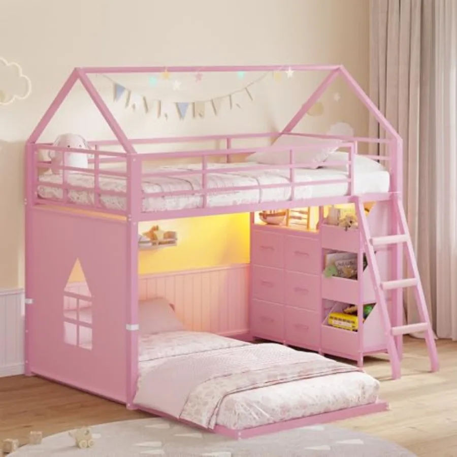 Twin Twin Over Twin Bunk Bed with 6 Storage Drawers 3 Open Bins, L-Shaped Low-Profile Metal Frame with LED Lights, Safety Guardrail - Aliexpress Deal