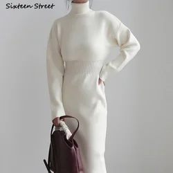 White Elegant Woolen Dress Ladies Autumn Winter Turtleneck High Waist Chic Party Knitted Dress Women Vestido Fall Knitwear