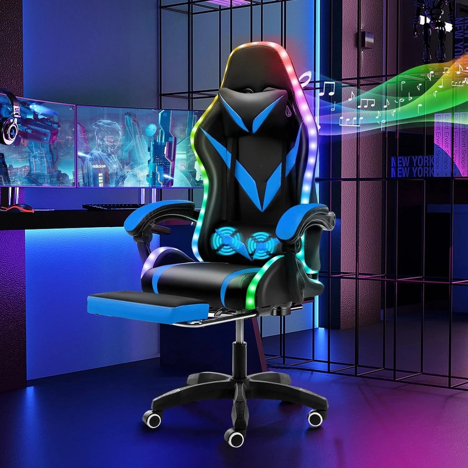 Gaming Chair Massage with Bluetooth Speakers and Led Lights Ergonomic Computer Gaming Chair with Footrest RGB Video, Customized