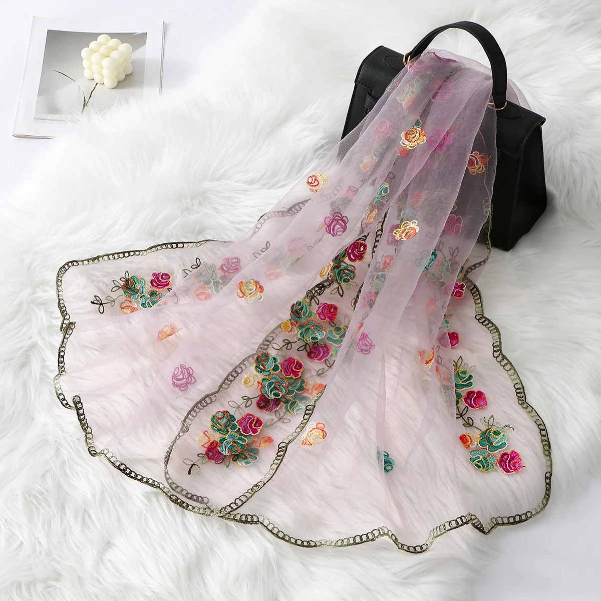 

﻿Fashion Women Long Scarf Shawl Embroidered Floral Elegant Spring Hijab Breathable Veil Headband Versatile Accessory 180*65cm