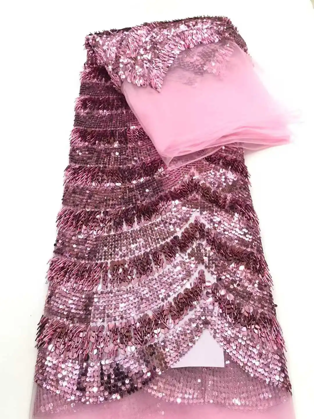 Nieuwste Afrikaanse bruidegom kant stof Franse Tule kant stoffen 5 yards Nigeriaanse 3D pailletten stof voor feestjurk