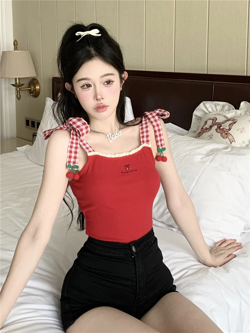 Cute Japanese Style Cherry Print  Strap Vest Soft Cute Female Broadcasters Sweet Spicy Style Short Length Vest for Young ...