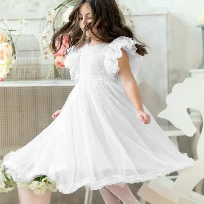 New White Butterfly Sleeves Lovely Flower Girls Dresses For Wedding Girl Birthday Party Wedding Evening Tulle Ball Gown