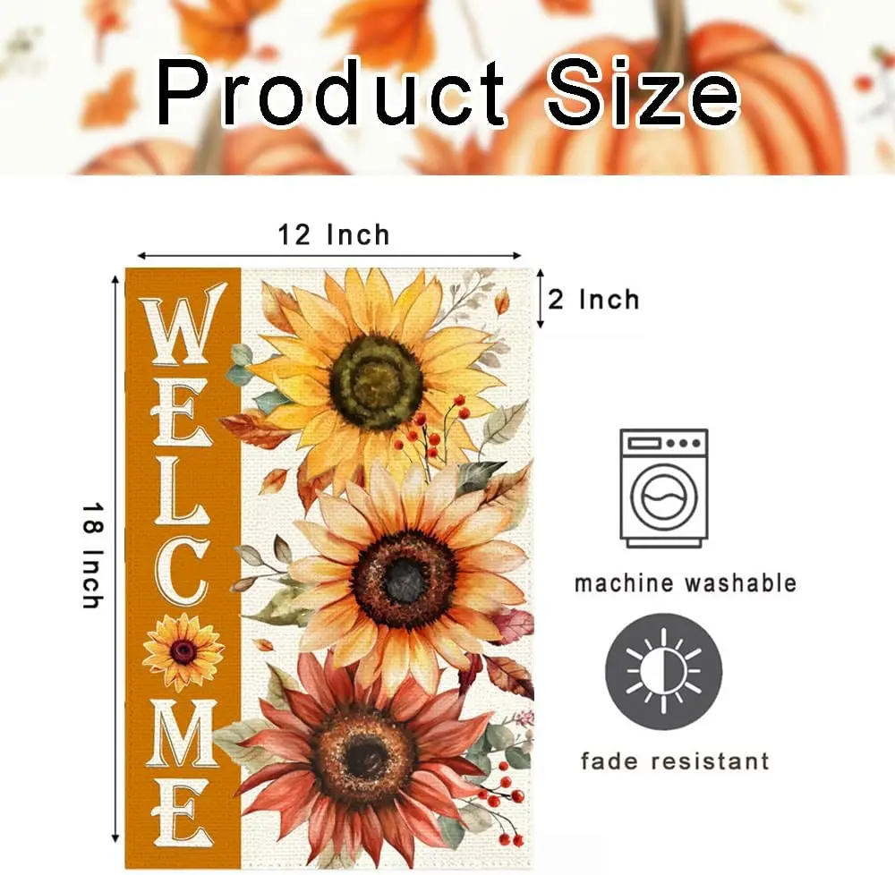 RABUSOFA Fall Welcome Sunflower Garden Flag 12x18 Double Sided,Autumn Thanksgiving Floral Leaves Porch Decoration for Home Y zzo